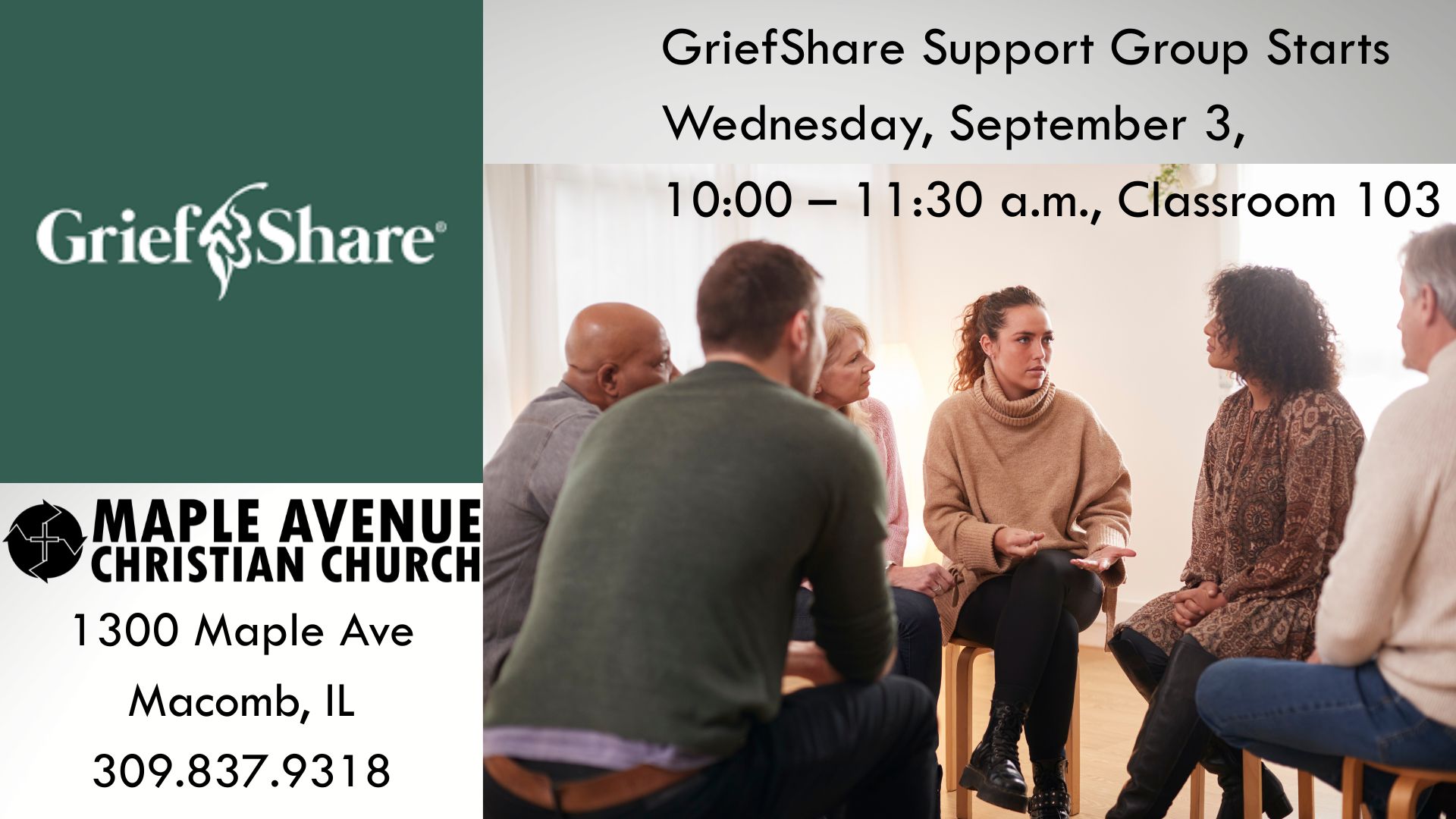 Griefshare Support Group Starts Wednesday, September 3, 1000 – 1130 a.m., Classroom 103 aph text